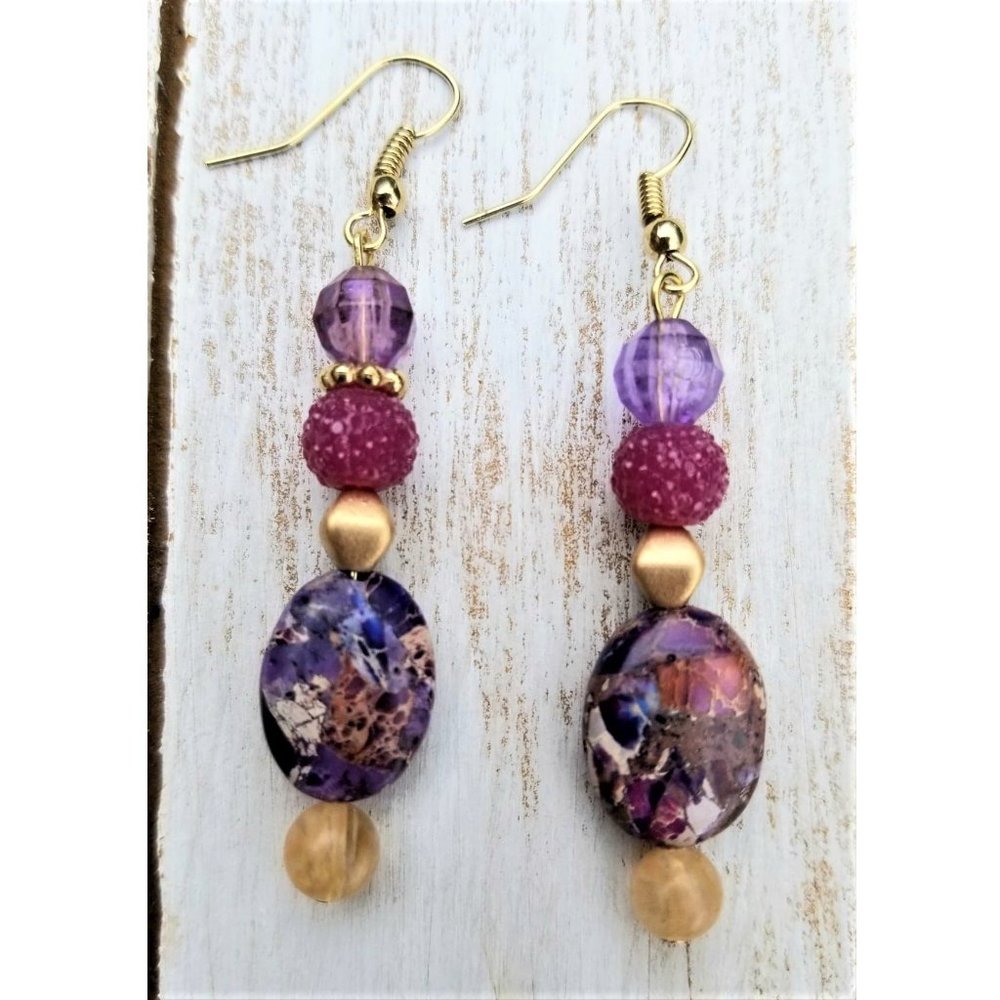 Artisan Necklace Earrings and Bracelet Set Purple Gold Magenta Stone Beads - Picture 13 of 15